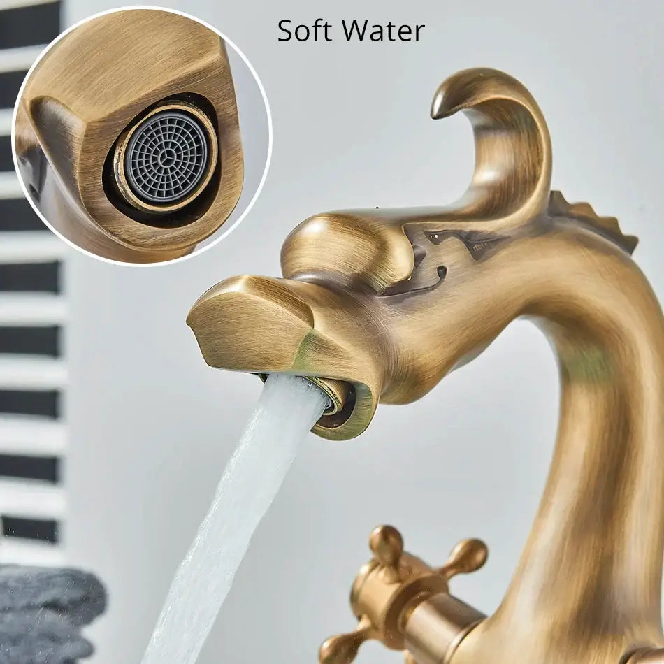 Antique brass decorbites dragon style bathroom basin faucet mixer tap with ornate detailing and flowing water spout