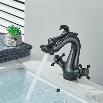Black dragon style bathroom basin faucet mixer tap with matte finish and ornate cross handles by decorbites dragon style