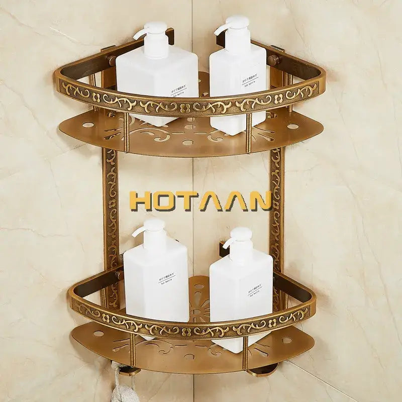 Antique brass double layer corner shelf bathroom storage rack with ornate scrollwork decorbites antique aluminum design