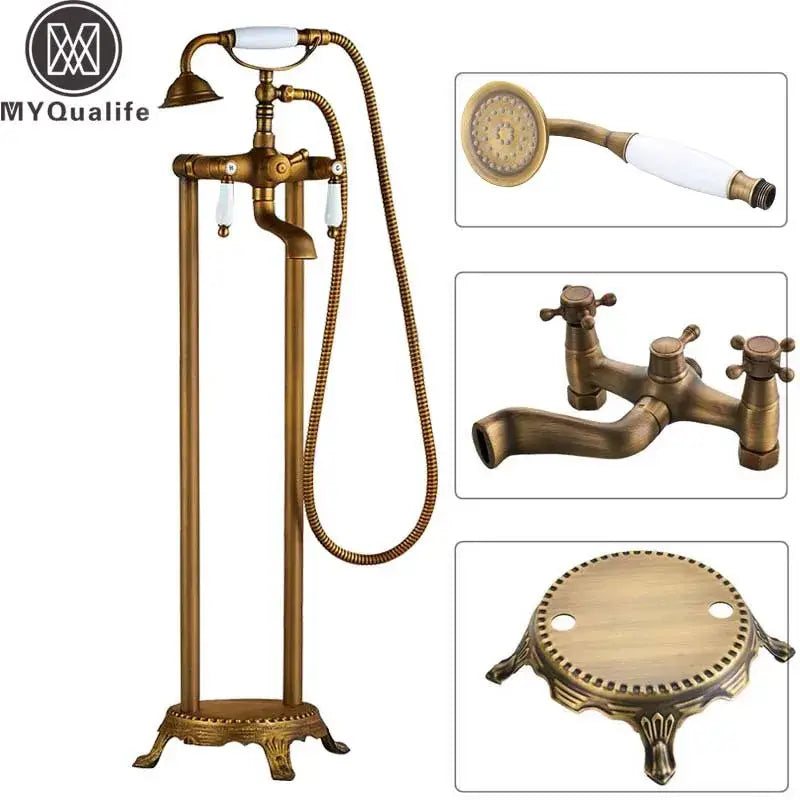 Antique brass freestanding tub faucet with decorbites dual ceramic handles and matching handheld showerhead in bathroom
