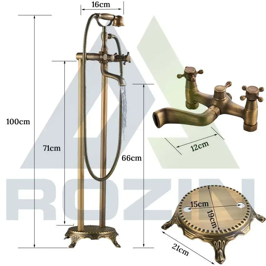 Antique brass dual handle floor mount bath set with ornate detailing and matching three-handle wall-mounted spout by decorbites brass floor