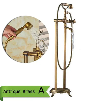 Antique brass dual handle floor mount bath set with handheld spray head and tall stand for bathroom decorbites brass floor