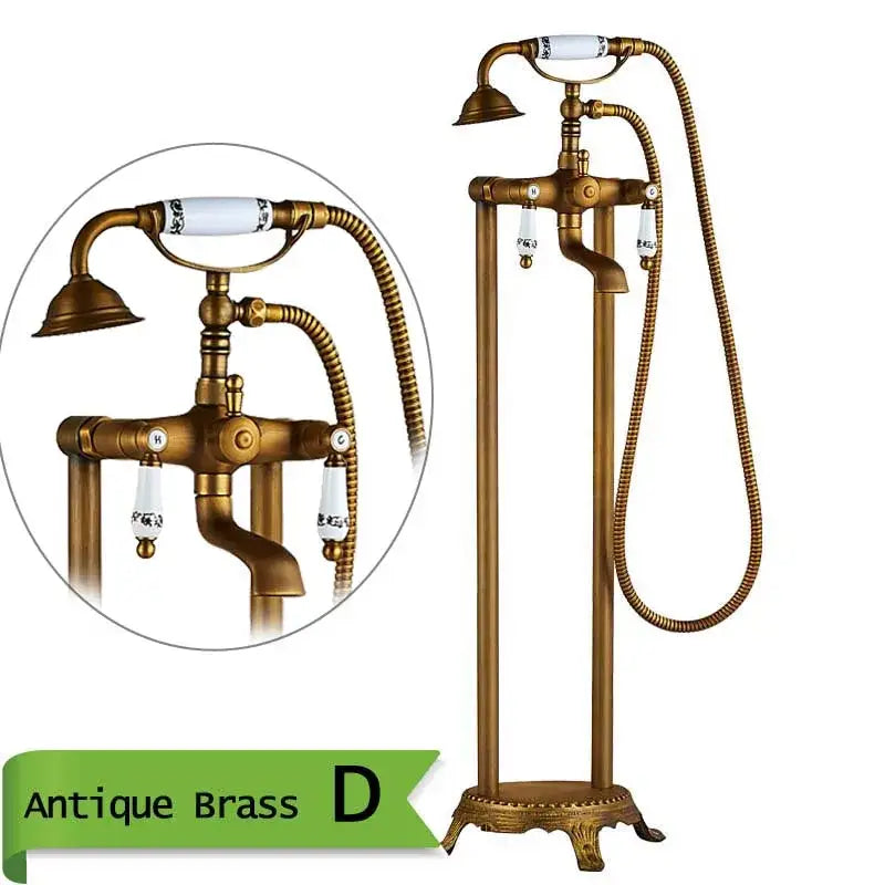 Antique brass dual handle freestanding bath set with white ceramic handles and decorbites brass floor mount base