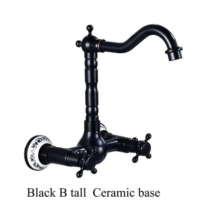 Antique brass dual handle kitchen faucet with matte black finish ceramic base and porcelain plate for hot water use