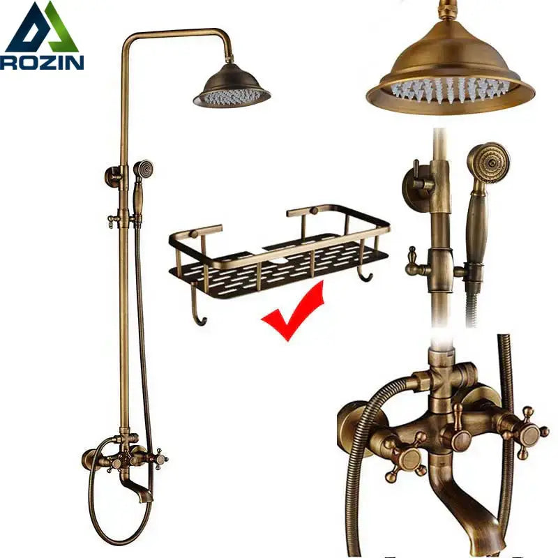 Antique brass dual handle shower faucet set with shelf featuring tall handheld shower and fixed overhead rainhead faucet set