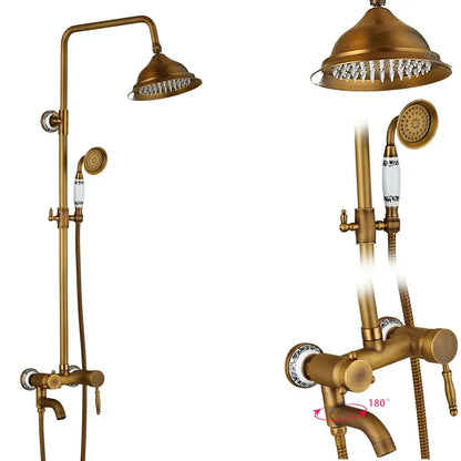 Brass-finished antique dual handle shower faucet set with ceramic handles and shelf for vintage bathroom decor