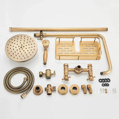 Antique brass dual handle shower faucet set with round rainhead handheld sprayer and matching shelf bathroom accessory