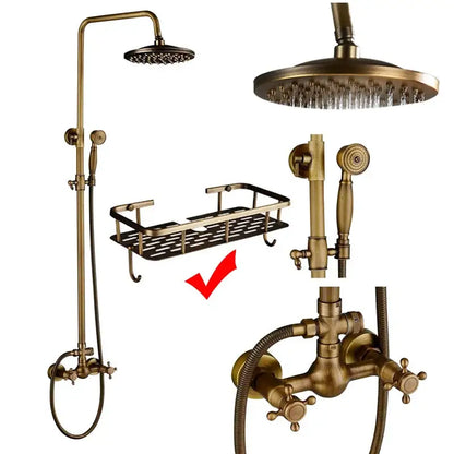 Antique brass dual handle shower faucet set with shelf featuring a tall rainhead and handheld spray nozzle in brass finish