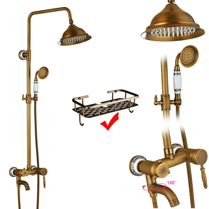 Antique brass dual handle shower faucet set with shelf features brass-finished rainhead handheld shower faucet set