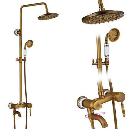 Brass-finished vintage-style shower faucet set with ceramic knobs handheld showerhead and shelf for bathroom use