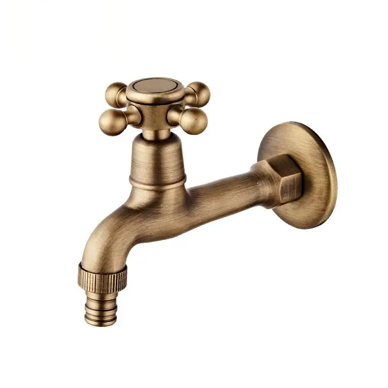 Antique brass floral ceramic wall mounted basin faucet with cross handle and rounded knobs in brass finish