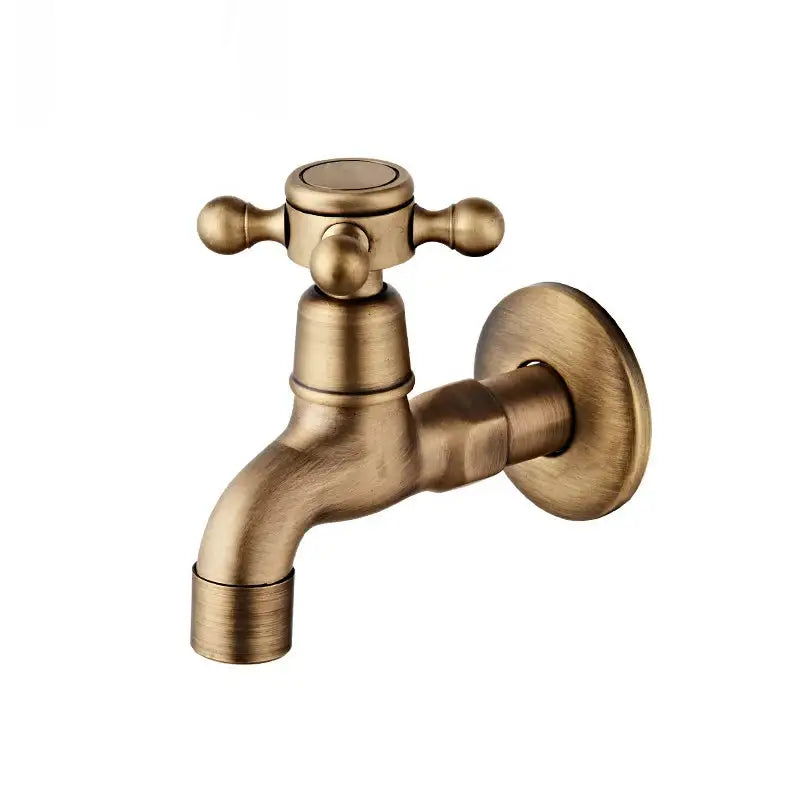 Antique brass floral ceramic wall mounted basin faucet with brass finish cross handle and rounded spout for bathroom use