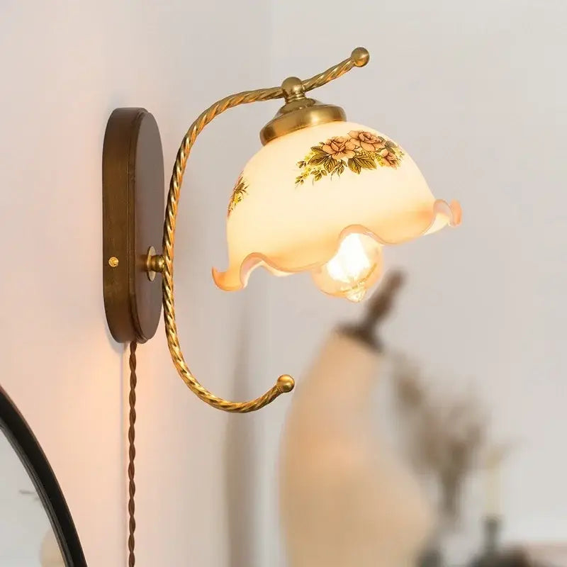 Antique brass floral frosted glass led wall light sconce with scalloped edges for bedroom wall lights