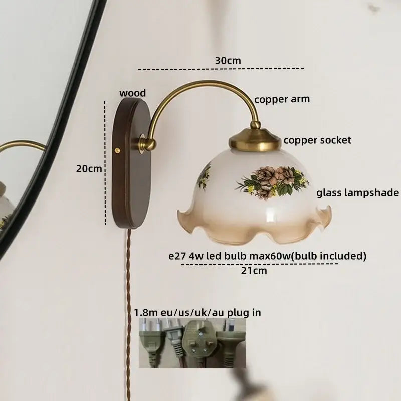 Antique brass floral frosted glass led wall light with brass copper arm and dark wood backplate for bedroom sconce use