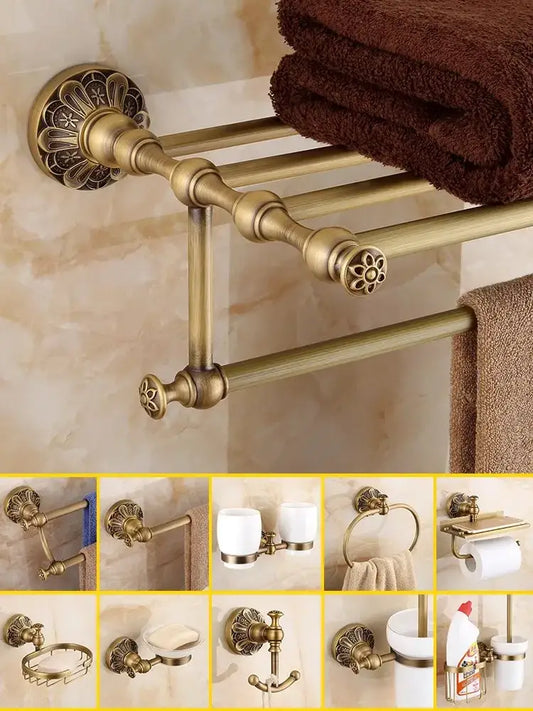 Antique brass floral hardware set bathroom double tier towel rack with ornate detailing for decorbites brass bathroom use
