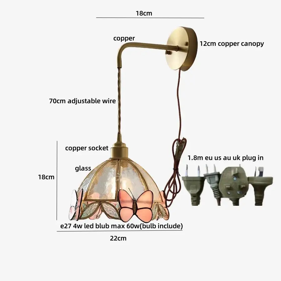 Antique brass led wall light with copper finish and stained glass pink butterfly shade with pull chain for bedroom