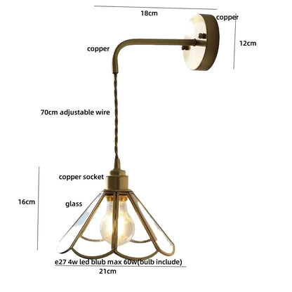 Copper wall light with glass shade and adjustable wire featuring antique brass flower design and pull chain for bedroom use
