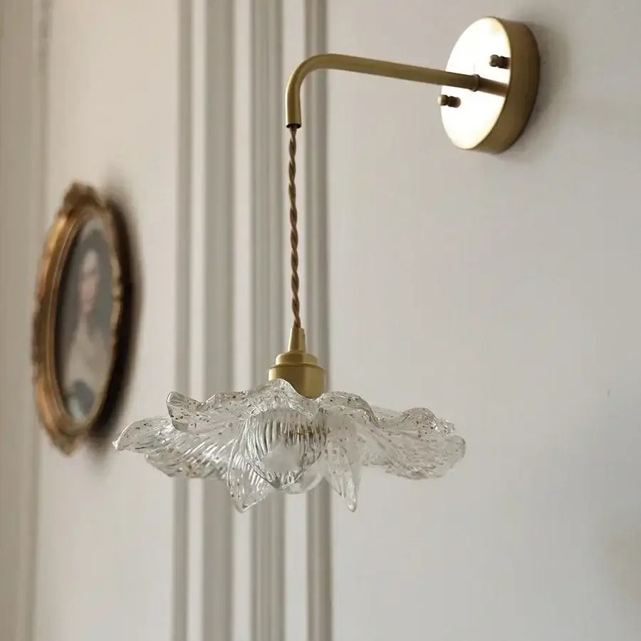 Antique brass flower glass led wall light with clear pendant and twisted cord for bedroom sconce with pull chain
