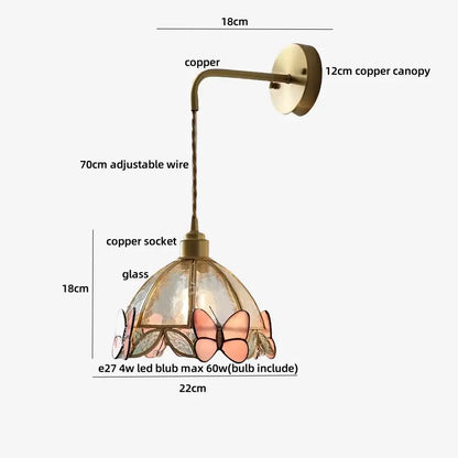 Antique brass flower led wall light with copper finish and stained glass shade featuring pink peach butterfly motifs