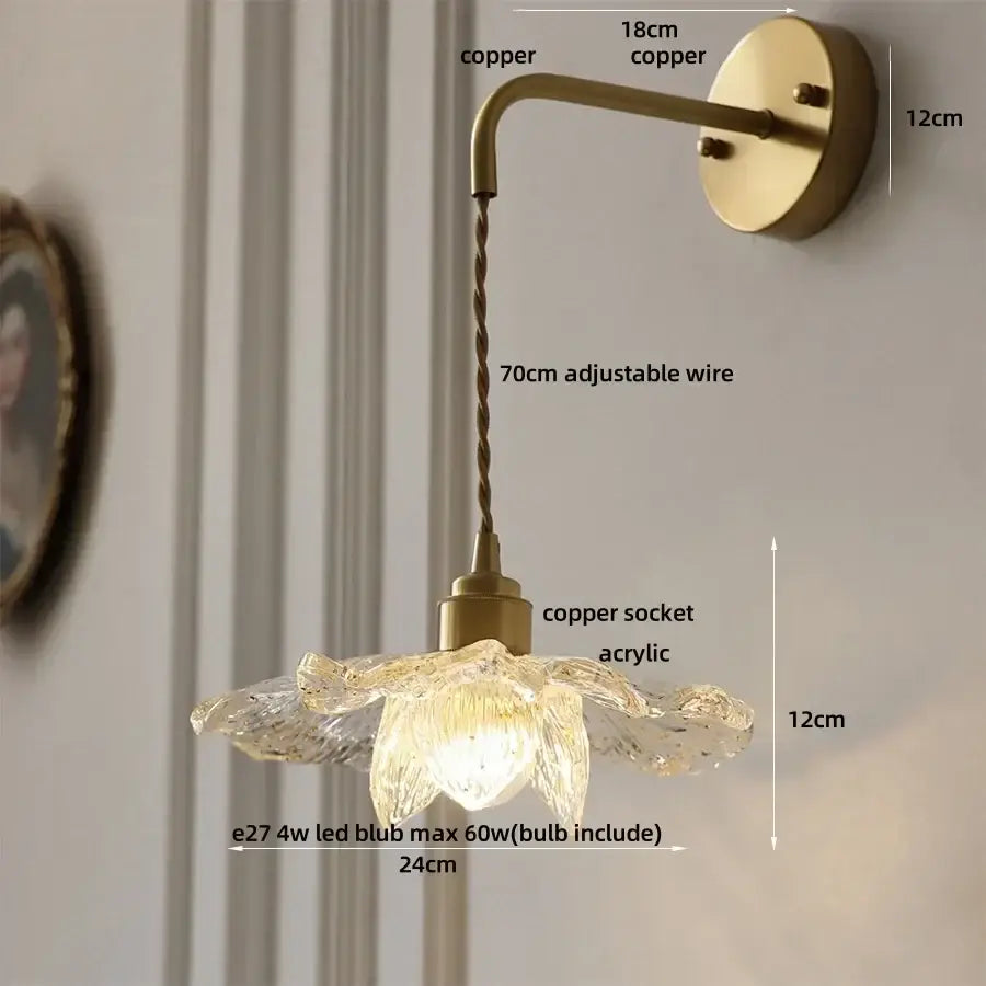 Antique brass flower glass led wall light with translucent pendant and adjustable wire for bedroom sconce with pull chain