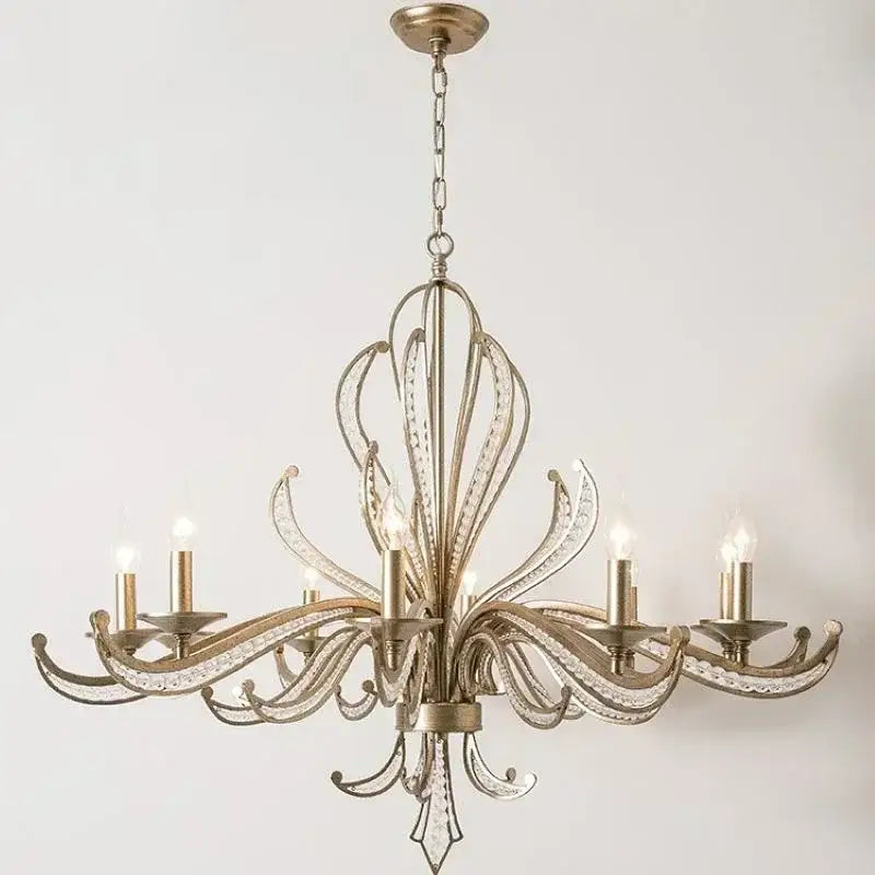 Antique brass french candle design pendant lighting with six candle style lights and crystal accents for dining room decorbites french candle
