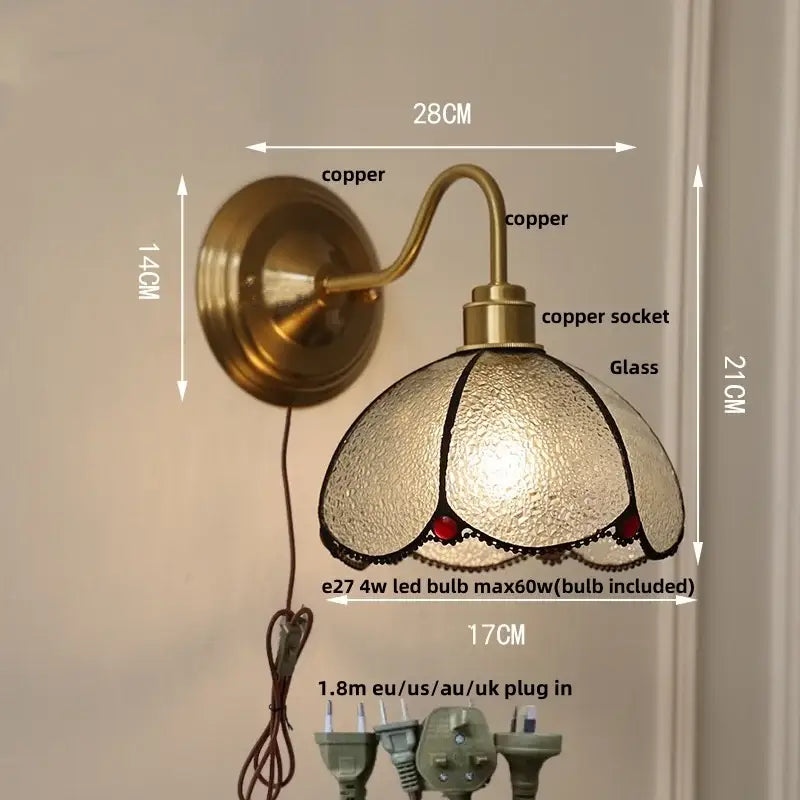 Antique brass glass brass wall sconce with textured glass shade red accents and black lace trim for dining room decorbites glass brass