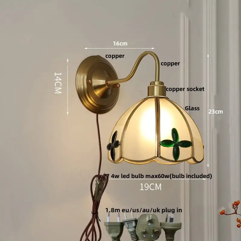 Antique brass glass clover wall sconce with copper finish and green floral stained glass shade for dining room decorbites glass brass