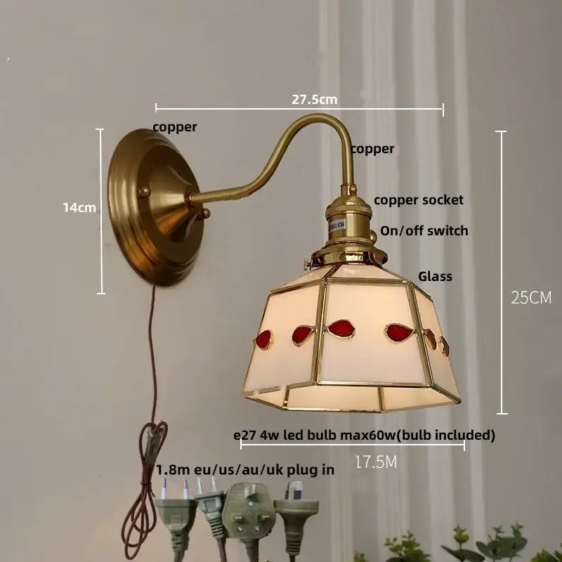Antique brass glass brass wall sconce with hexagonal copper and red stained glass accents for dining room decorbites glass brass