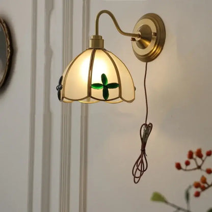 Antique brass glass brass wall sconce with frosted shade featuring green clover design for dining room decorbites glass brass