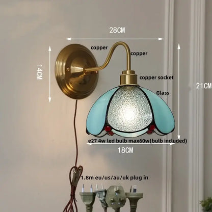 Antique brass glass brass wall sconce with copper finish and tiffany-style light blue petal glass shade for dining room decorbites wall sconce