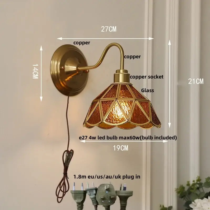 Antique brass glass brass wall sconce with stained glass amber and gold clover shade for dining room decorbites glass brass