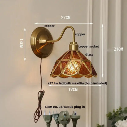 Antique brass glass brass wall sconce with stained glass amber and gold clover shade for dining room decorbites glass brass