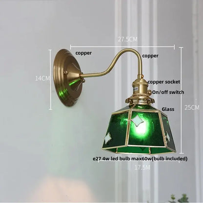 Antique brass glass clover wall sconce with vintage copper base and green stained glass shade for dining room decorbites glass brass wall