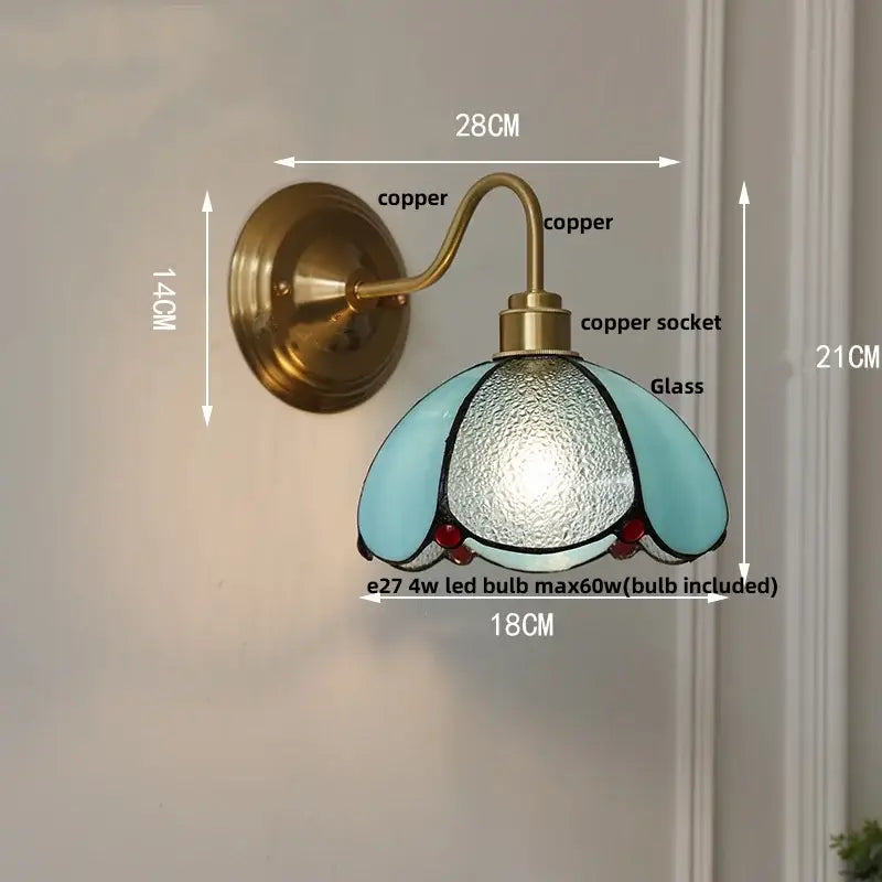 Antique brass glass brass wall sconce with vintage copper frame and light blue petal glass shade for dining room decorbites glass brass