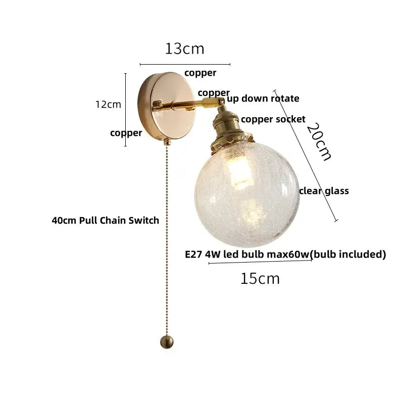 Antique brass glass rotate copper wall sconce with textured clear globe and included e27 led bulb for bedroom lighting