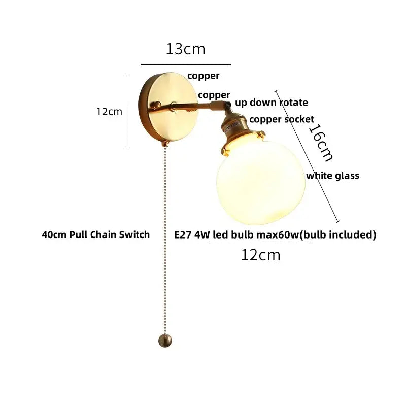 Antique brass glass rotate copper led wall sconce with copper finish white glass globe and adjustable arm for bedroom lighting