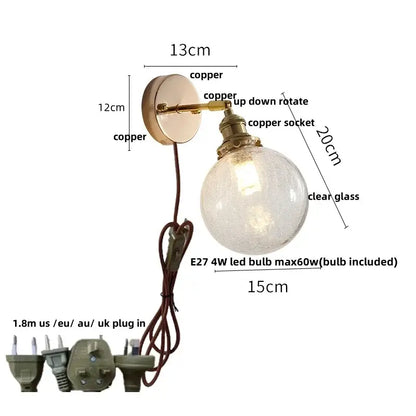 Antique brass glass rotate copper wall sconce with clear globe and e27 led bulb for bedroom lighting
