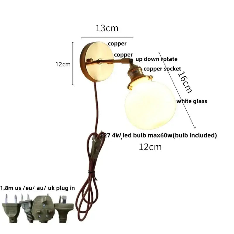 Antique brass glass rotate copper led wall sconce with white glass globe and adjustable arm for bedroom lighting