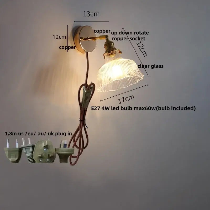Antique brass glass rotate copper wall sconce with clear glass shade and up-down rotating copper socket for bedroom use