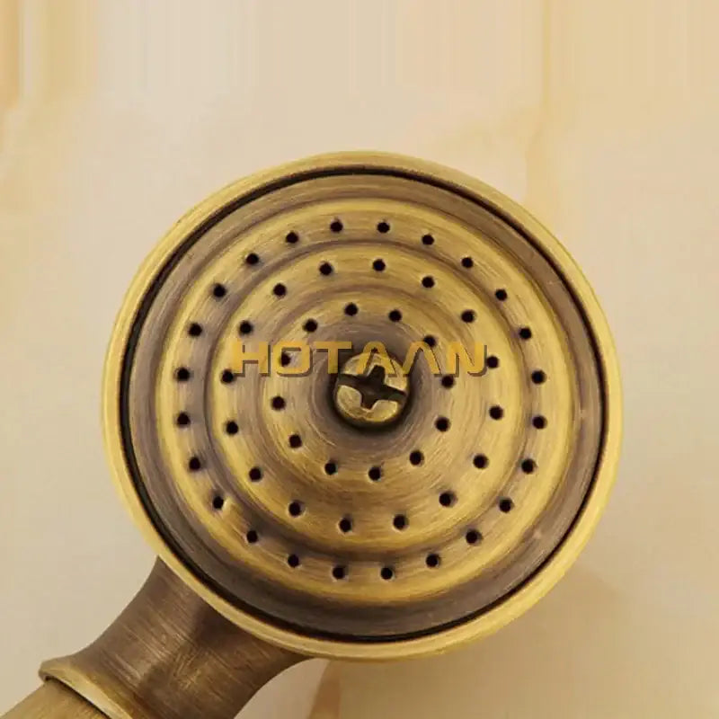 Antique brass hand shower set with brass-finished showerhead featuring concentric circular perforations for bathroom use