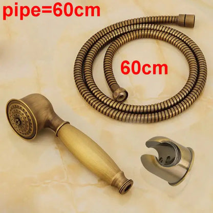 Antique brass hand shower set with wooden grip, 60cm flexible hose, and wall-mounted bracket for bathroom use