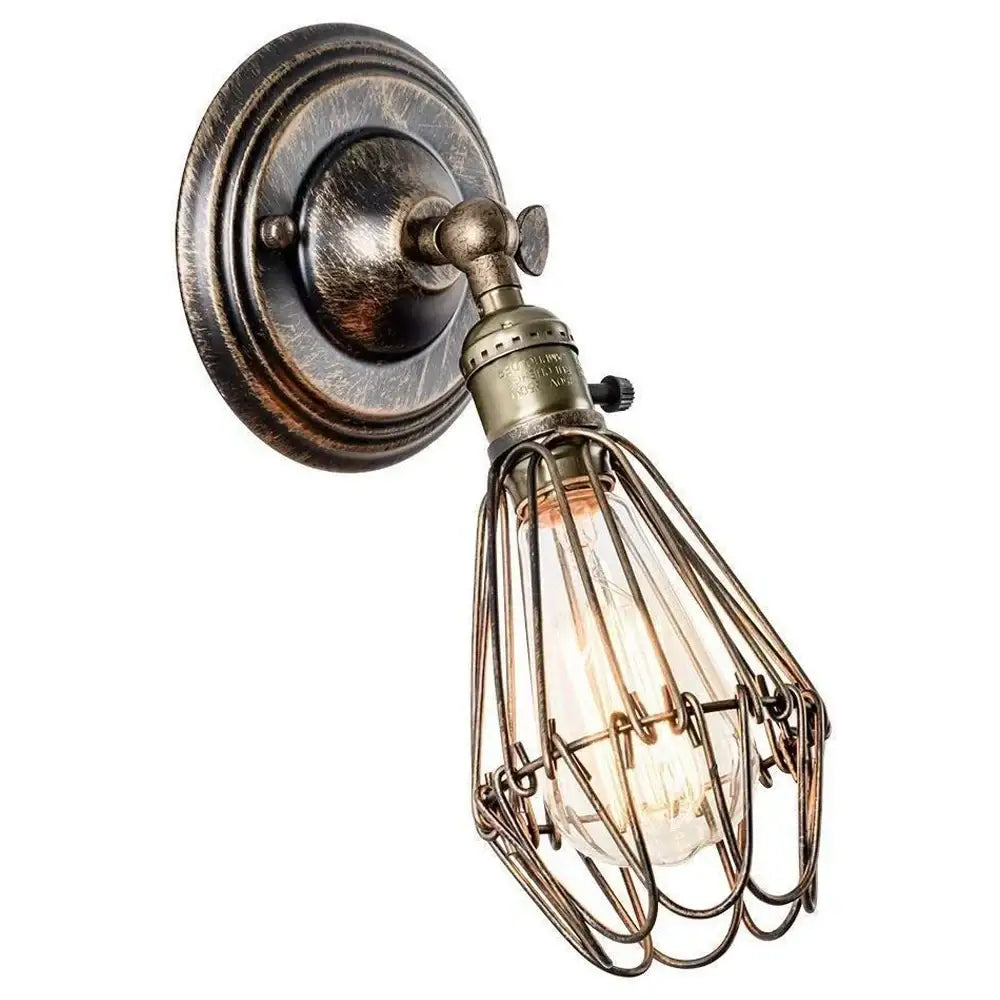 Antique brass industrial cage wall light with wire cage and exposed filament bulb for bedroom rustic decorbites industrial cage