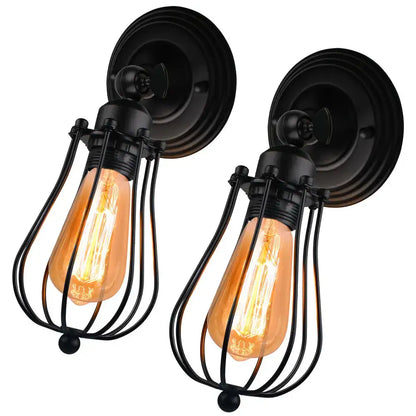 Black wrought iron cage-style industrial wall lamp with exposed filament bulbs for decorbites industrial wall decor