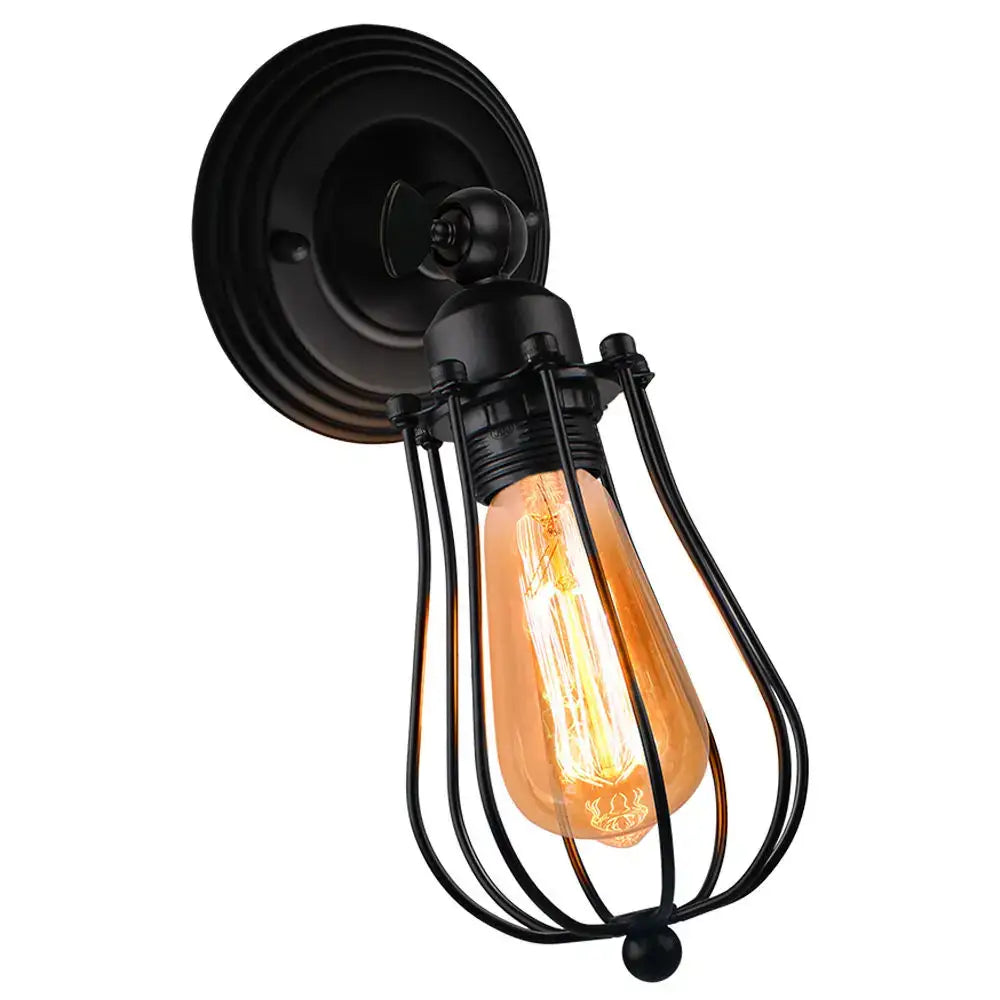 Black wrought iron cage industrial wall lamp with glowing amber Edison bulb for decorbites industrial wall decor