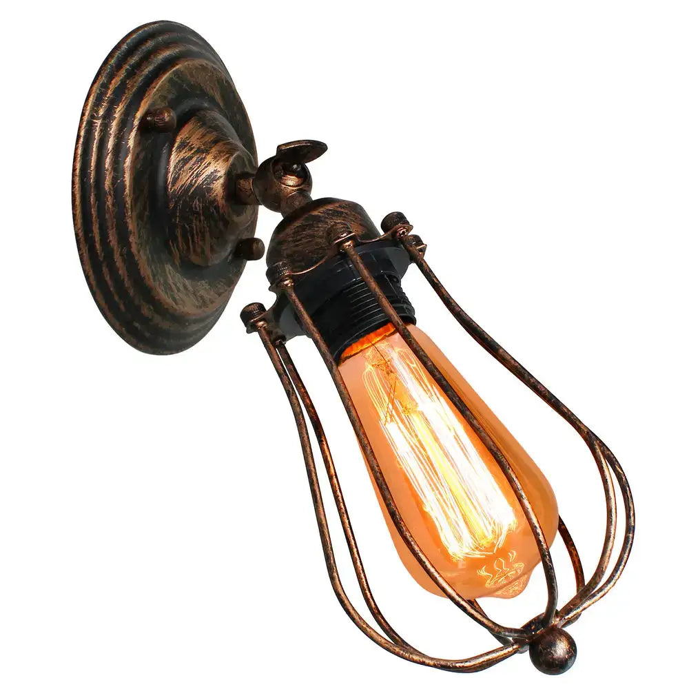 Antique brass industrial wall lamp with bronze finish and ornate wire cage featuring vintage Edison bulb for decorbites industrial wall use