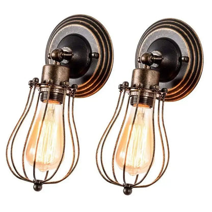 Antique brass industrial wall lamp with wire cage and exposed Edison bulbs for decorbites industrial wall decor