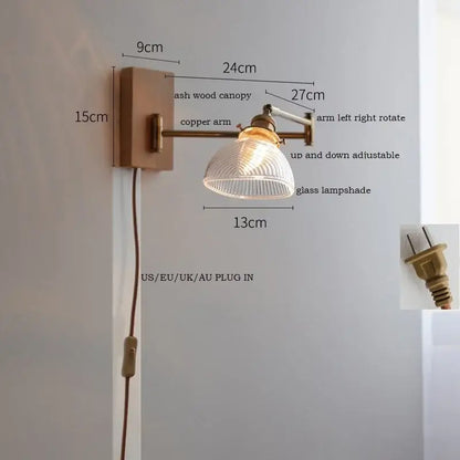 Adjustable wall light with copper arm ash wood canopy and ribbed clear glass lampshade for bedroom decorbites clear glass