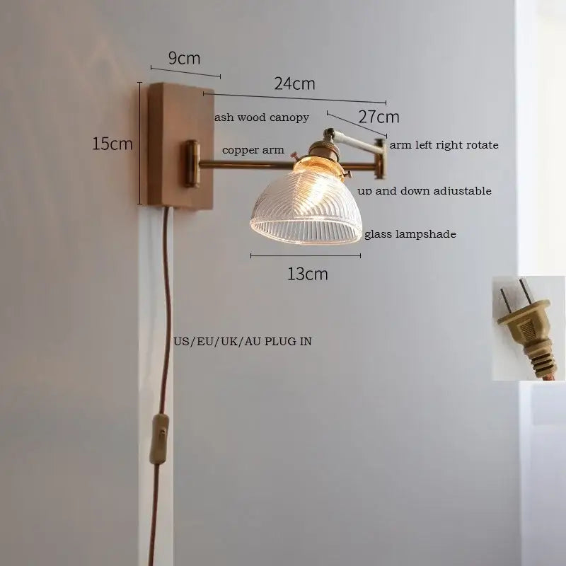 Adjustable wall light with copper arm ash wood canopy and ribbed clear glass lampshade for bedroom decorbites clear glass