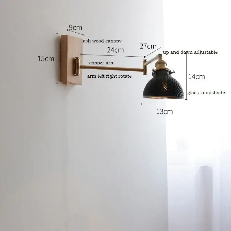 Adjustable wall light with rustic ash wood canopy copper arm and black glass lampshade for bedroom decorbites clear glass
