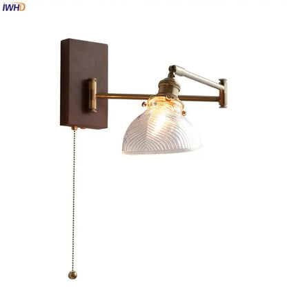 Antique brass industrial wall light with clear glass shade and pull-chain switch for bedroom decorbites clear glass